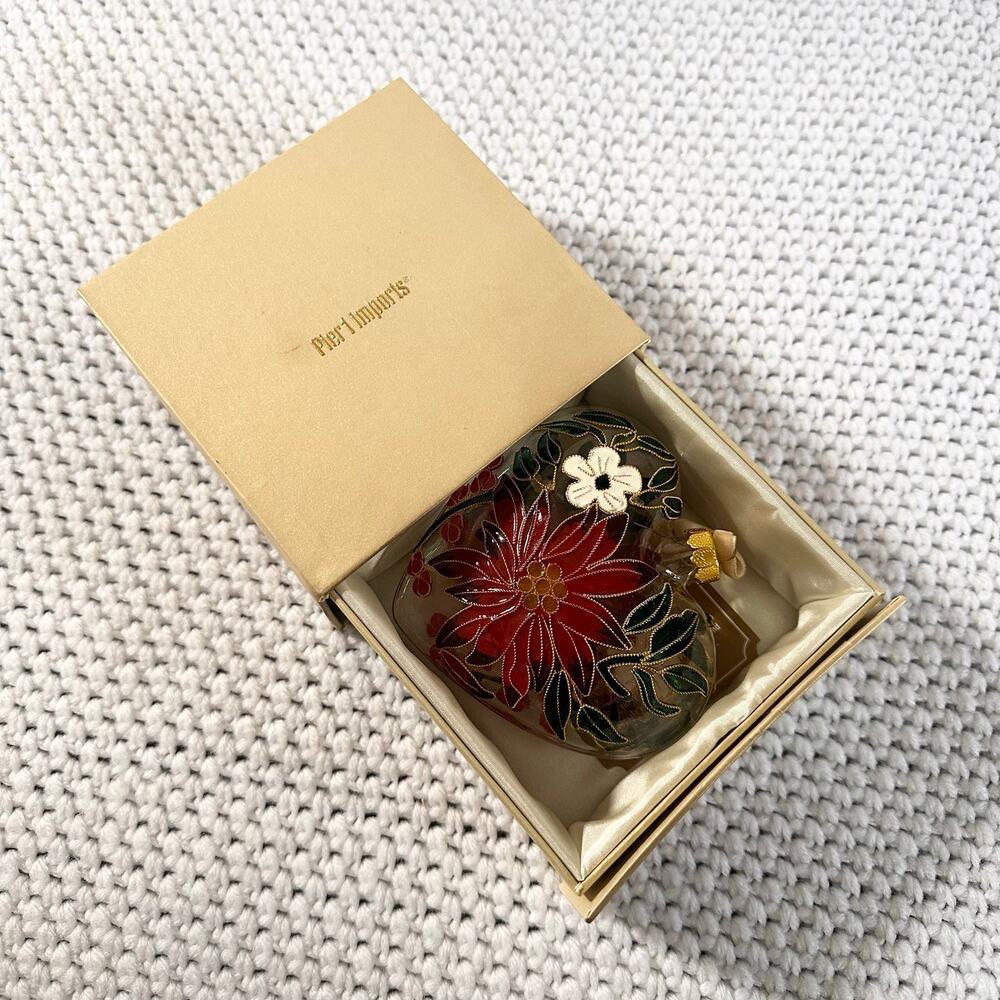 Pier 1 Imports Cloisonne Poinsettia Holiday Christmas Heart Ornament In Box 2019